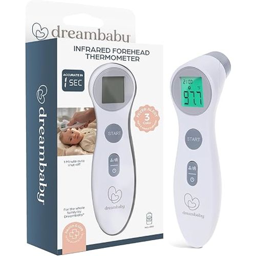 Dreambaby Infrared Forehead Thermometer, No Contact, Digital Display, Memory Storage and Fever Alerts, for Adults and Kids, Includes Batteries