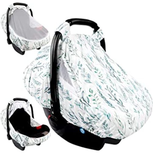 DILIMI Car Seat Covers for Babies Girl Boy, Cozy Sun & Bug Cover, Infant Carseat Canopy Newborn Stroller Carrier Cover with Breathable Zipper Peep Window, Green Leaf
