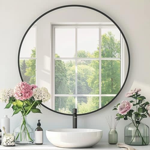 Black Round Mirror, Black Round Mirror 30 inch, Metal Frame, Circle Wall Mounted Mirrors for Bathroom, Living Room, Bedroom, Entryway, Vanity