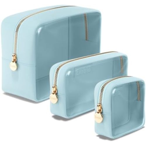 Embla Clear Cosmetic Bags Set of 3, Large, Small and Mini Makeup Bags For Women Clear Pouch Cosmetics Bags Zipper Cute Pouches Make Up Travel Toiletry Essentials Preppy Purse Organizer Bags - Sky