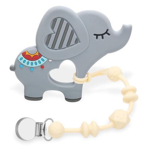 Baby Teething Toys for Babies 0-24 Months, Elephant Teether Pain Relief Toy with One Piece Design Pacifier Clip Holder Set, Freezer Safe Neutral Shower Gift for Boys and Girls (Gray)