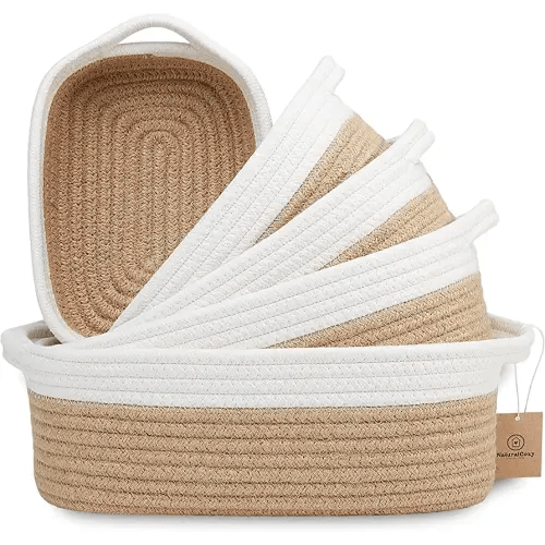 NaturalCozy 5-Piece Rectangle Storage Basket Set- Natural Cotton Rope Woven Baskets for Organizing! Small Basket for Montessori, Baby Nursery, Dog Toy Baskets, Cat Toy Box, Bathroom Organization Bin