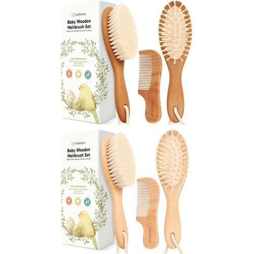 Keababies Baby Hair Brush and Comb Set for Newborn - Wooden Baby Hair Brush Set with Soft Goat Bristle, Baby Brush Set for Newborns,Baby Brush and Comb Set Girl, Boy,Toddler Cradle Cap Brush