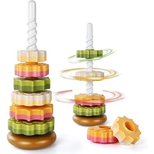 Stacking Toys for Toddlers 1-3,Montessor Spinning Stacker Toy,Ring Stacker Toys,Sit and Spin Sensory & Autism Fine Motor Skills for Babies 6-12 Months, 16-Inch，Rotating Tower Toy