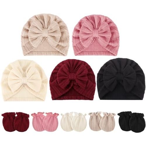 BQUBO Baby Turban Hats and Mittens Set Newborn Infant Hospital Hats Caps with Bows for Baby Boys Girls 0-12 Months