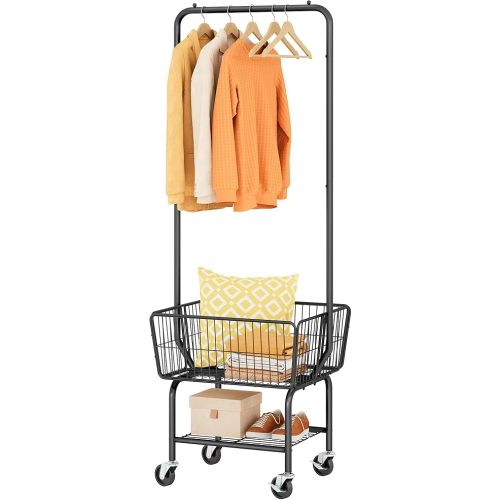 Tajsoon Laundry Cart with Hanging Rack, Metal Laundry Basket with Wheels, Laundry Hamper with Storage Basket and Shelf, Rolling Laundry Cart with Wheels, Black