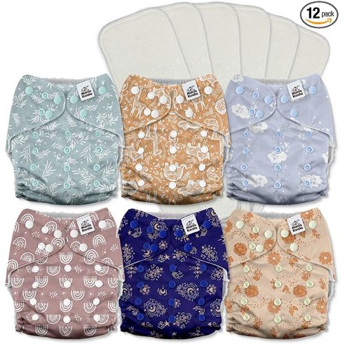 Mama Koala 3.0 Cloth Diapers for Babies with AWJ Lining, 6 Pack with 6 5-Layer Natural Cloth Diaper Inserts - Reusable and Washable Pocket Diapers(A-Cabin Vibes)