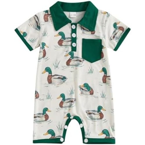 Newborn Baby Boy Hunting Clothes Mallard Duck Short Sleeve Polo Romper Button Down Collared Jumpsuit Bodysuit