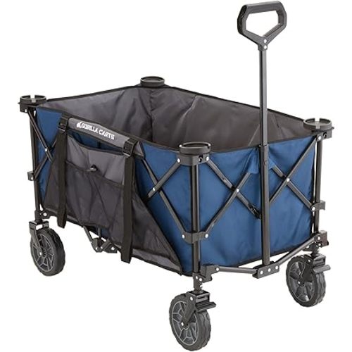 Gorilla Carts Foldable Wagon, Heavy Duty Collapsible Cart with Wheels, 7 Cu Ft, Blue - Portable Folding Utility Wagon for Groceries, Shopping, Beach, and Sports