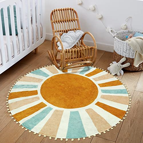 LIVEBOX Retro Sun Round Rug 4ft Boho Rug for Nursery Room,Non-Slip Circle Ultra Soft Cute Colorful Kids Rug for Bedroom,Washable Throw Area Rug Carpet for Living Room Indoor Office