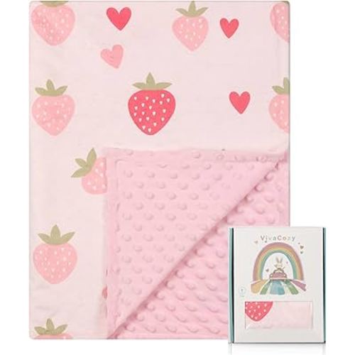 Baby Blankets for Girls with Strawberry Pink, Super Soft Plush Lightweight Nursery Bed Blanket for Newborn Infant Toddler, Cute Crib Throw Blanket with Double Layer Dotted Backing 30x40 Inch