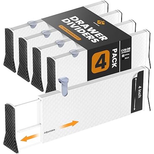 RAPTUROUS Adjustable Drawer Dividers 4 Pack, 4” High, 11-17” Long, Dresser Drawer Divider for Bedroom, Closet, Kitchen, Nursery Organization, Office, Strong & Sturdy Hold, Soft Foam Edges(White)