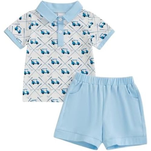 Toddler Baby Boy Golf Outfit Short Sleeve Golf Cart Polo T Shirts Top and Shorts Set 2Pcs Golf Theme Summer Clothes
