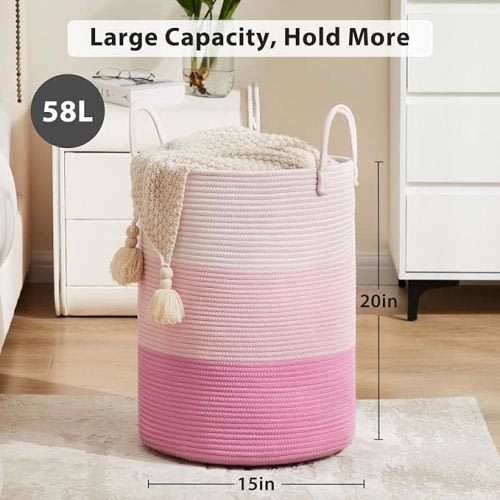 Cotton Rope Laundry Hamper by Fiona's magic, Tall Woven Laundry Basket Storage, Baby Nursery Hamper for Blankets, Toys and Clothes Hamper for Bedroom and Living Room Organizing, 58L, Pink - Tall(58L)