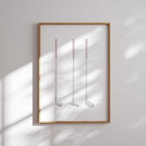 Pink Golf Watercolor Print: Vintage Sports Nursery Decor - Golf Clubs