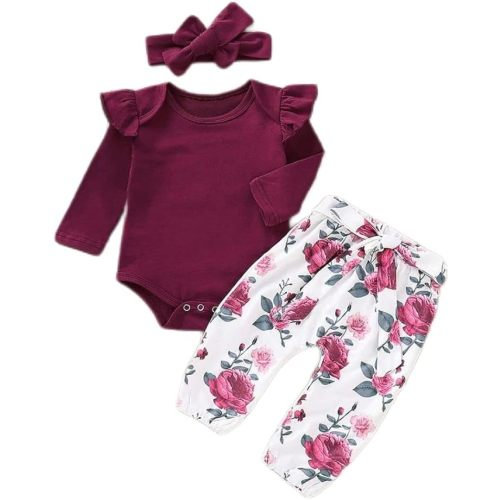 Aoswep Newborn Baby Girl Clothes, Infant Girl Outfits Long Sleeve Ruffle Romper + Floral Pants + Headband Set - 6-9 Months - Red & White