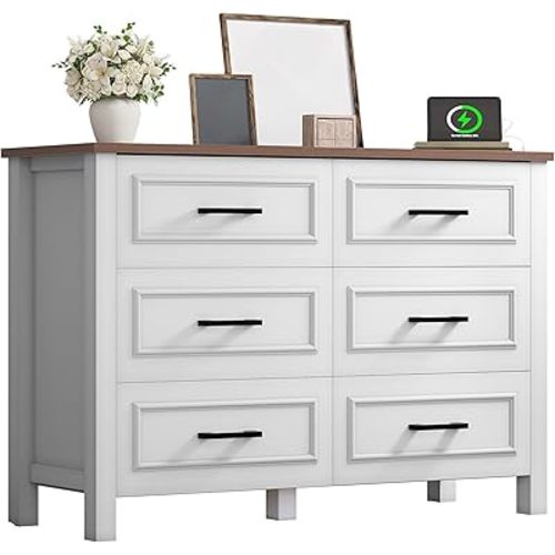 YITAHOME 6-Drawer Dresser with Built-in Power Outlet, Wood TV Stand with 6 Large Drawers & Bar Handles, Dresser Chest of Drawers for Entryway Living Room Hallway, White & Walnut