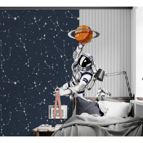 Astronaut And Basketball Wallpaper, Peel and Stick Space Wallpaper, Kid Boy Room Decor, Planets Wallpaper, Nursey Wall Decor Kids Wall Mural