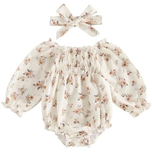 Sasaerucure Spring Infant Baby Girl Long Sleeve Romper Floral Bodysuit Headband Fall Winter Clothes