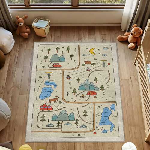 Forest Mountain Map Rug, Outdoor Adventure Nursery Rug, Whimsical Mountain Lake Carpet, Rustic Non-Slip Road Rug, Camping Map Kids Play Mat