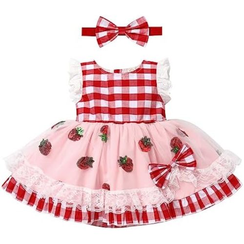 IDOPIP Baby Girls Gingham Tutu Dress Sequin Strawberry Cow Print Princess Birthday Party Dresses with Headband 2PCS Outfit