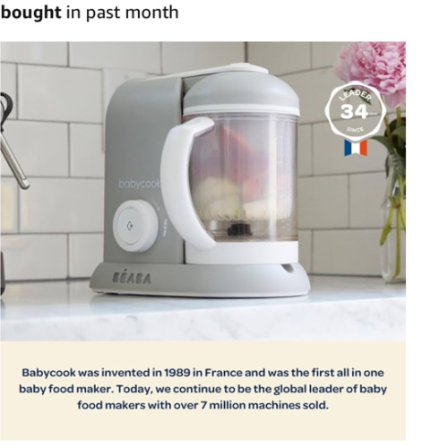BEABA Babycook Solo 4 in 1 Baby Food Maker, Puree Steamer and Blender for Purees, Grinder with Auto Steam Cooking, Lrg Capacity 4.5 Cups 27 Servings in 20 Mins, Eucalyptus