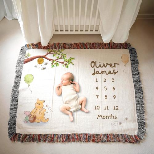 Classic Winnie The Pooh Custom Milestone Woven Blanket, Personalized Monthly Milestone Blanket, Newborn Custom Name Blanket, Baby Gift