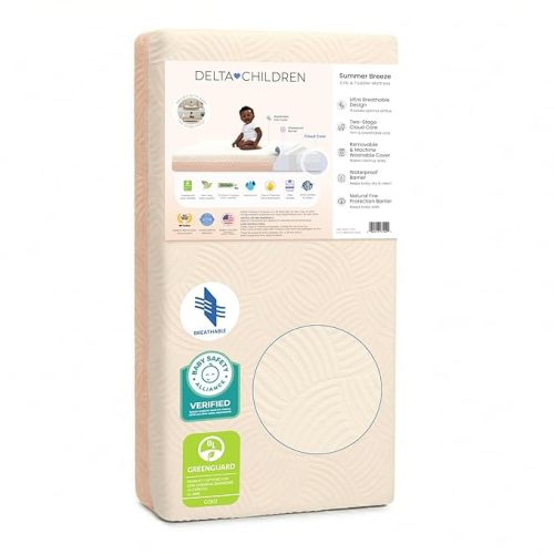 Delta Children Summer Breeze Mattress - Breathable Baby Crib & Toddler Mattress with Cloud Core - Machine Washable Cover - GREENGUARD Gold – Waterproof - Sustainably Sourced Core, Apricot/White