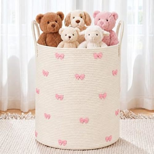 LemonRoad Cream Bow Laundry Hamper Large Cotton Basket