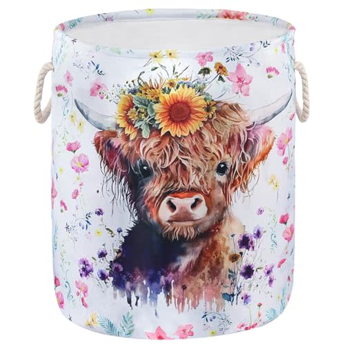 Highland Cow Print Kids Laundry Basket Cute Baby Nursery Hamper Farmhouse Stuff Storage Bag Western Room Decor Tote Pink Clothes Organizer Sunflower Toy Bin Gift for Bedroom Bathroom Teen Girls Boy, M
