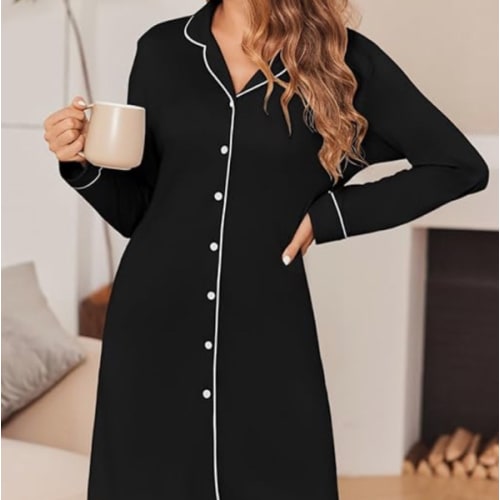 Women's Nightgown Long Sleeve Button Down Sleepwear Pajama Dress S