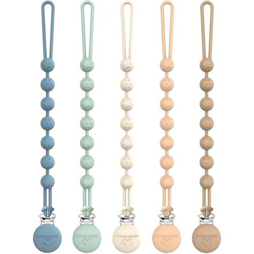 Cuddle Campus Silicone Pacifier Clip Holder with One Piece Design,Soft Flexible Binky Clips with Texture for Baby Boy and Girl Pack of 5 (6m+)