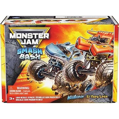 Monster Jam Smash & Bash 2-Pack Monster Trucks, Megalodon & El Toro Loco, 1:64 Die Cast Repairable Monster Truck, Kids Toys for Boy and Girls Ages 3 and up