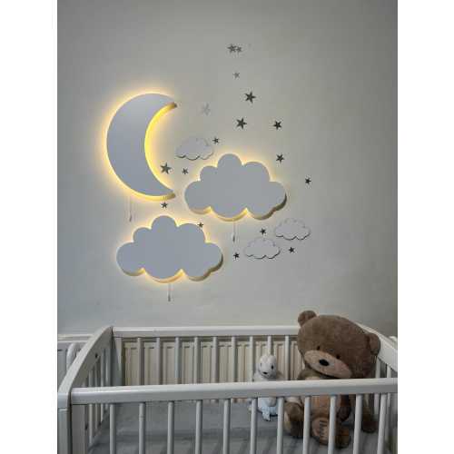 Set of 3, Crescent and Cloud Wall Light, Nursery Nightlight, Wooden Lamp, Baby Room Decor