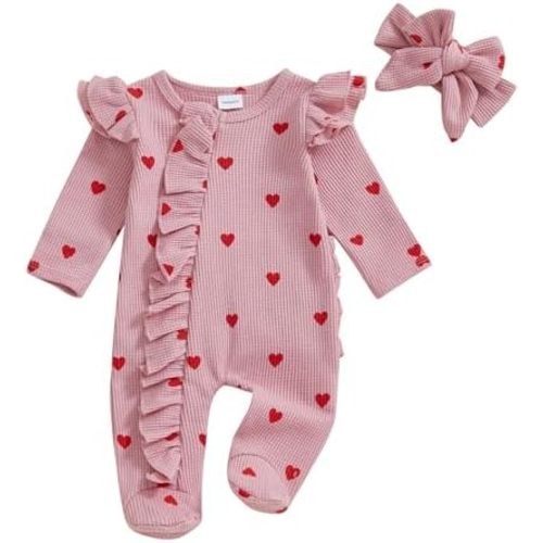 Newborn Baby Girl Valentines Outfit Ruffle Heart Print Romper Waffle Jumpsuit Coming Home Outfit
