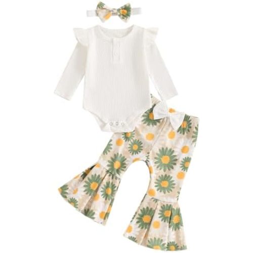 fhutpw Newborn Baby Girl Clothes Rib Frill Long Sleeve Romper Daisy Flared Pants Headband Set 3pcs Fall Winter Outfits 3-6M