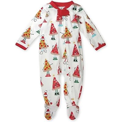HonestBaby Sleep and Play Footed Holiday Pajamas One-Piece Sleeper Zip-front Organic Cotton PJs Baby Boys, Girls, Unisex, Pizza Joy, 0-3 Months