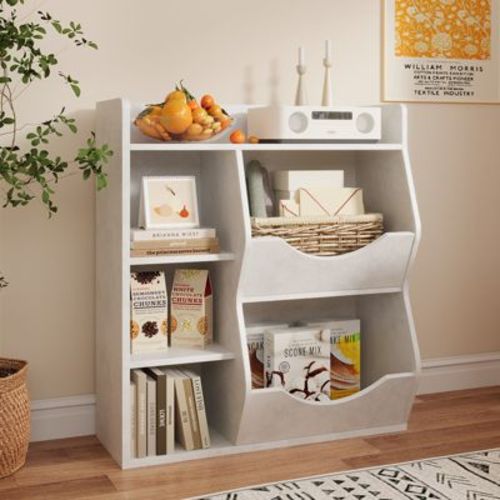 2-Tier Toy Storage Organizer, Bookshelf for Toys, Books, 3 Open Compartments & 2 Tilting Storage Boxes for Living Room, Kindergarten