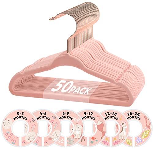 VIS'V Baby Hangers, 11 Inch Velvet Kids Hangers with 6 Pcs Clothes Size Dividers, Infant Toddler Nursery Closet Organization, Non Slip, Pink, 50 Pcs