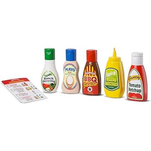 Melissa & Doug 5-Piece Favorite Condiments Play Food Set - Play Ketchup and Mustard Bottles, Pretend Play Food Set For Kids Ages 3+