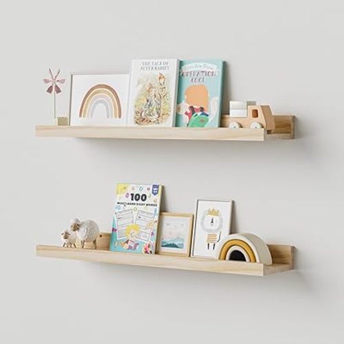 Floating Shelves for Wall, 24 inch Solid Wood Picture Ledge Shelf, Picture Shelf for Wall with Ledge, Floating Book Shelves for living room Bedroom Kitchen Nursery Decor, Natural Unfinished, Set of 2