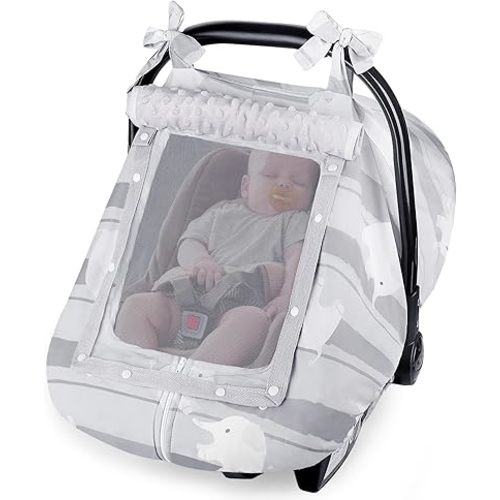 FIOBEE Baby Car Seat Cover, Car Seat Covers for Babies Infant Car Seat Canopy with Breathable Mesh Window Waterproof Carseat Cover for Babies Boy Girl 4 Seasons