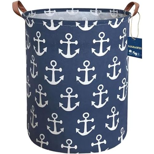 Kids Hamper,Collapsible Laundry Baskets,Waterproof Storage Baskets with Leather Handle,Nautical Decor,Toy Organizer (Navy Blue Anchor)