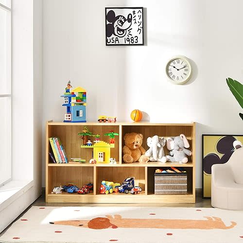 Costzon 2-Shelf Bookcase for Kids, Wooden Toy Storage Organizer for Books Toys, 5-Section Freestanding Classroom Daycare Shelf for Home Playroom, Hallway & Kindergarten (Burlywood)