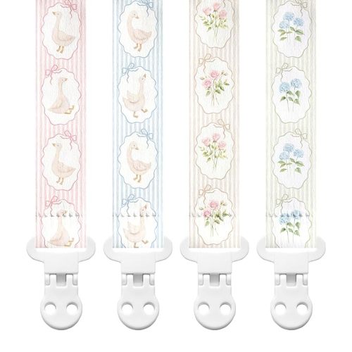 Stadela Baby Fabric Pacifier Clip Holder, Plastic Clip, 4‑Pack, Cottagecore Pattern, Silly Goose Set