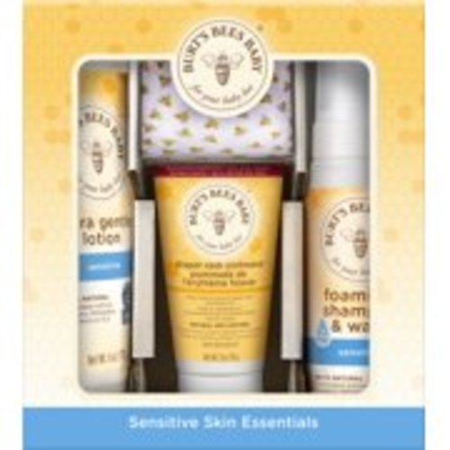 Burt's Bees Baby Sensitive Skin Essentials, Includes Foaming Shampoo & Wash, Ultra Gentle Lotion, Diaper Rash Ointment and 100% Cotton Washcloth, 4 Piece Set