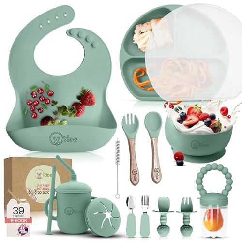 O'doe 17-Piece BPA-Free Silicone Baby Feeding Set | Thick & Soft Suction Plates, Baby Bowls, Wooden Fork & Spoon, and More | Make Mealtime Fun and Easy for Your Little One (Green, V2)