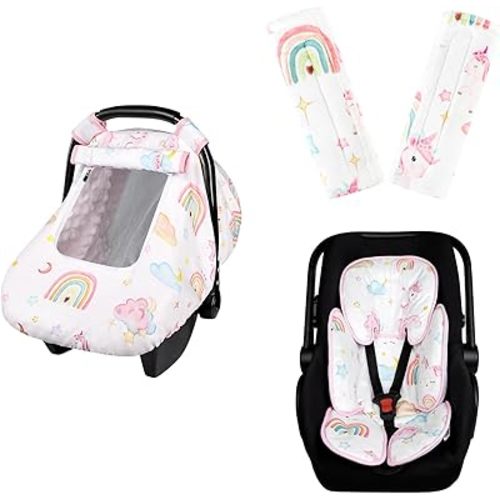 Pea Pod Pack of Baby Car Seat Covers, Strap Covers, and Mesh Carseat Insert, Super Soft Breathable Fabric, Make Baby Comfort in Travell (Unicorn)