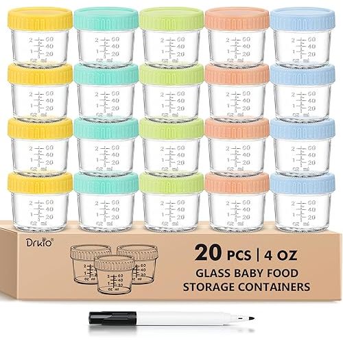 DRKIO 20 Pack Glass Baby Food Storage Containers 4 Oz Baby Food Jars with Lids Baby Food Maker Microwave Dishwasher Freezer Safe 100% Leak-Proof BPA Free