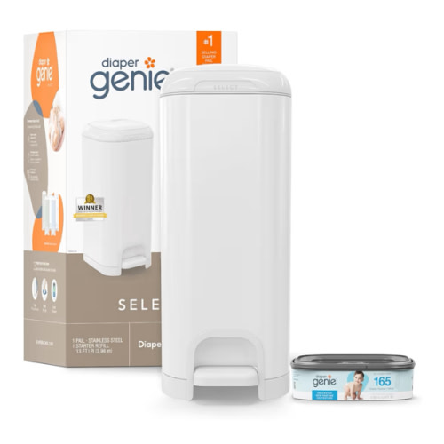 Diaper Genie Select Pail is Made of Durable Stainless Steel and Includes 1 Starter Square Refill That can Hold up to 165 Newborn-Sized Diapers.
